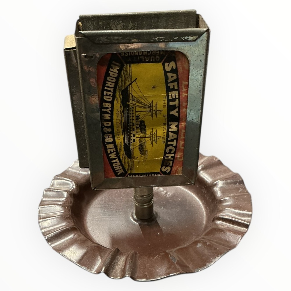 Vintage‎ Japan Metal Matchbox Holder Ashtray Combo Steamer Ship Label Tobacciana